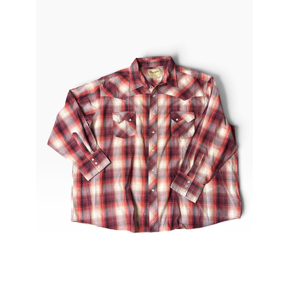Wrangler Western Fashion Mens Red Plaid Pearl Snap Long Sleeve Shirt 30 PTP